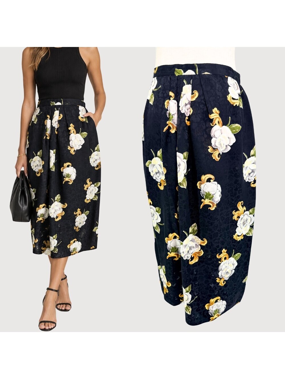 Vintage Maggy London 100% Silk Floral Midi Skirt Black 12